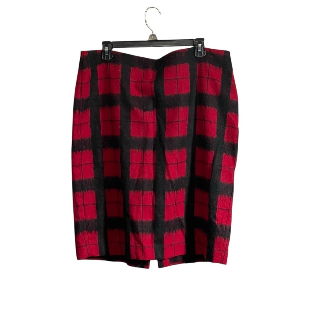 Talbots Wool Blend Skirt Size 16 Red Black Buffalo Plaid Lined Straight Pencil